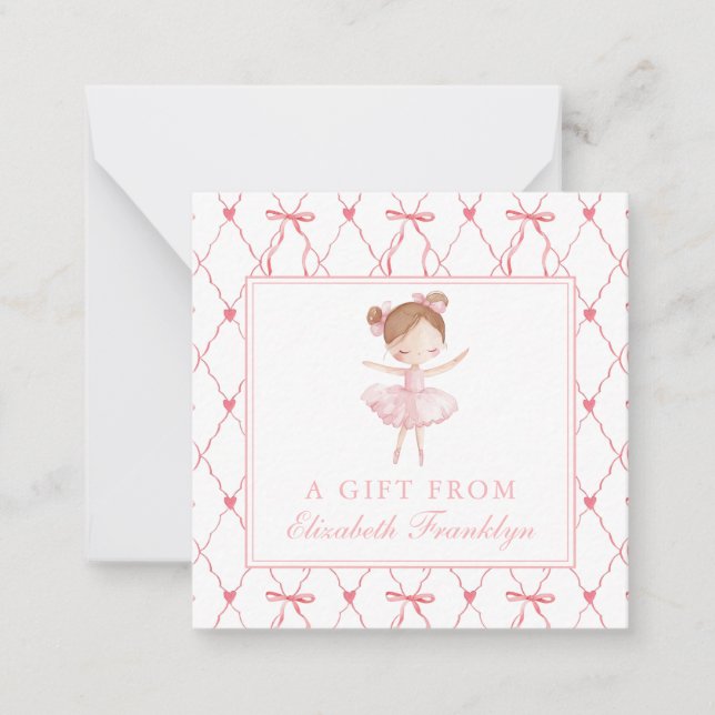 Personalized Pink Bow Ballerina Gift Enclosure Note Card (Front)