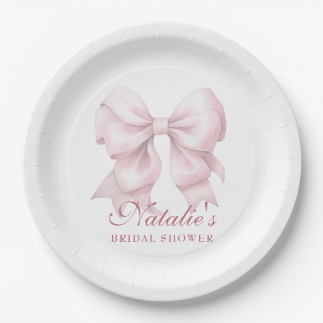 Personalized Pink Bow Bridal Shower Fancy Paper Plates (Front)
