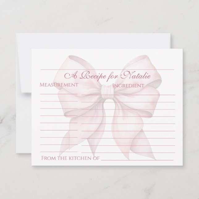 Personalized Pink Bow Bridal Shower Recipe Card (Front)