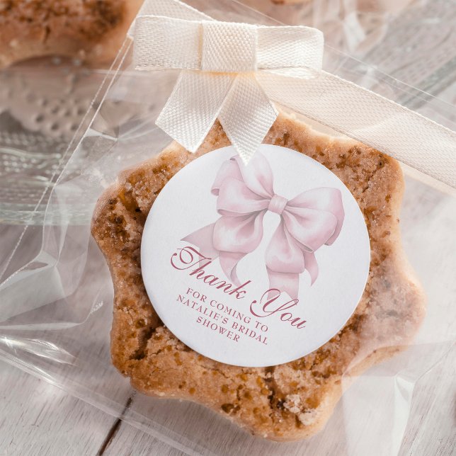 Personalized Pink Bow Bridal Shower Thank You Classic Round Sticker (Creator Uploaded)