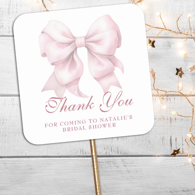 Personalized Pink Bow Bridal Shower Thank You Square Sticker (Creator Uploaded)