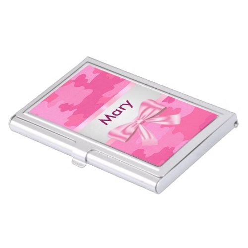 Personalized Pink Bow Camo Business Card Holder