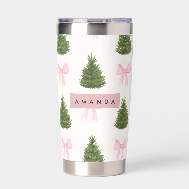 Personalized Pink Bow & Christmas Tree Insulated Tumbler (Front)