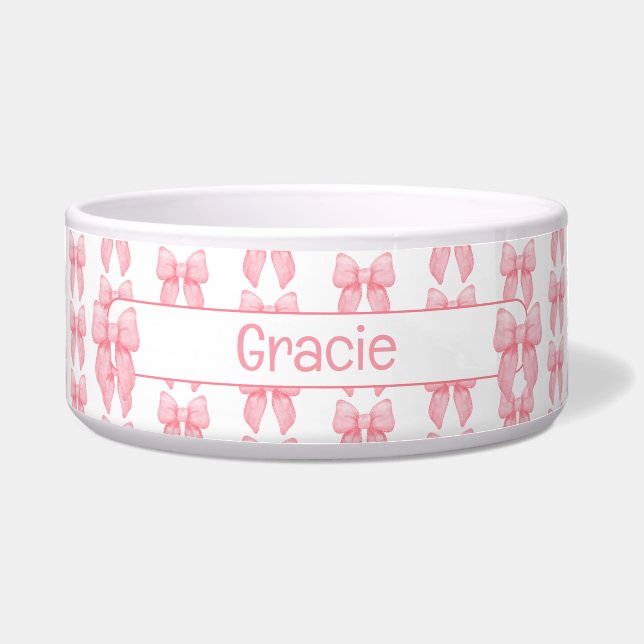 Personalized Pink Bow Dog Bowl (Front)