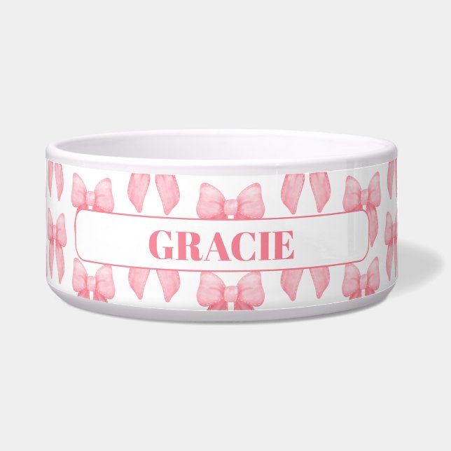Personalized Pink Bow Dog Bowl (Front)