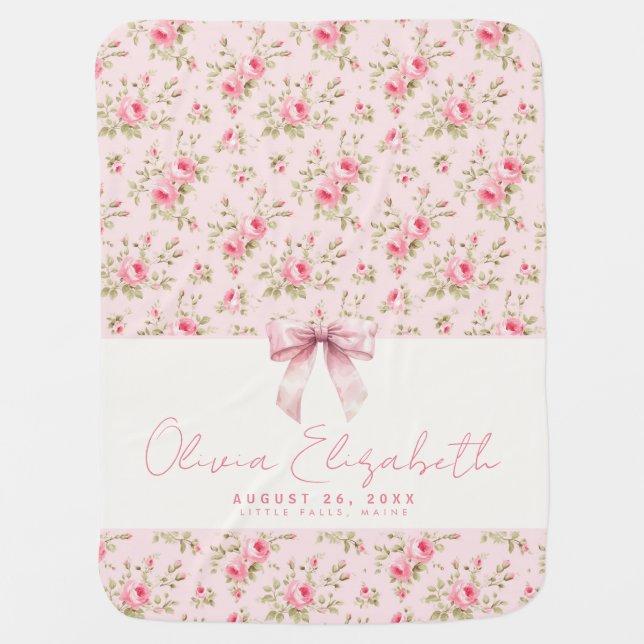 Personalized Pink Bow Floral Girl  Baby Blanket (Front)