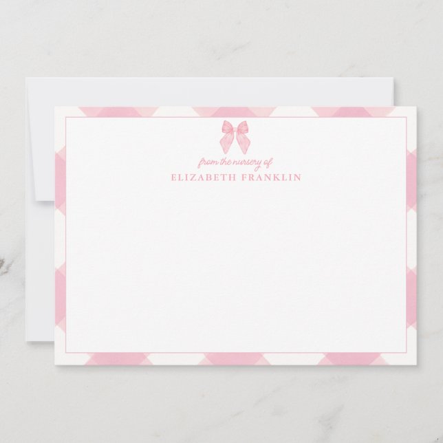 Personalized Pink Bow Gingham Baby Girl Stationery Thank You Card (Front)