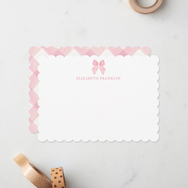 Personalized Pink Bow Gingham Baby Stationery Note Card (Front/Back In Situ)