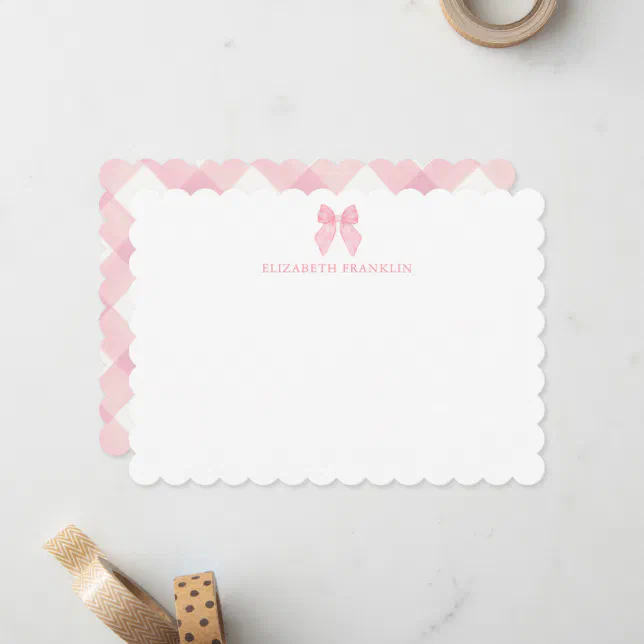Personalized Pink Bow Gingham Baby Stationery Note Card | Zazzle