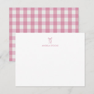 Personalized Pink Bow Gingham Note Card