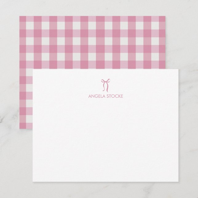 Personalized Pink Bow Gingham Note Card (Front/Back)