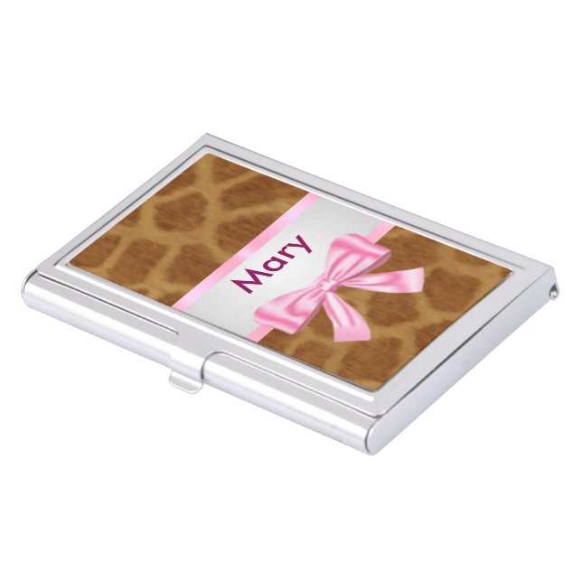 Personalized Pink Bow Giraffe Business Card Holder (Front)