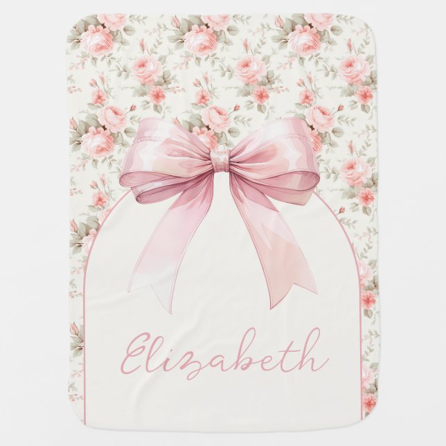Personalized Pink Bow Girl Baby Blanket (Front)