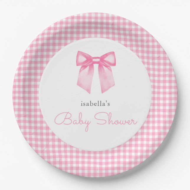Personalized Pink Bow Girl Baby Shower Paper Plates (Front)