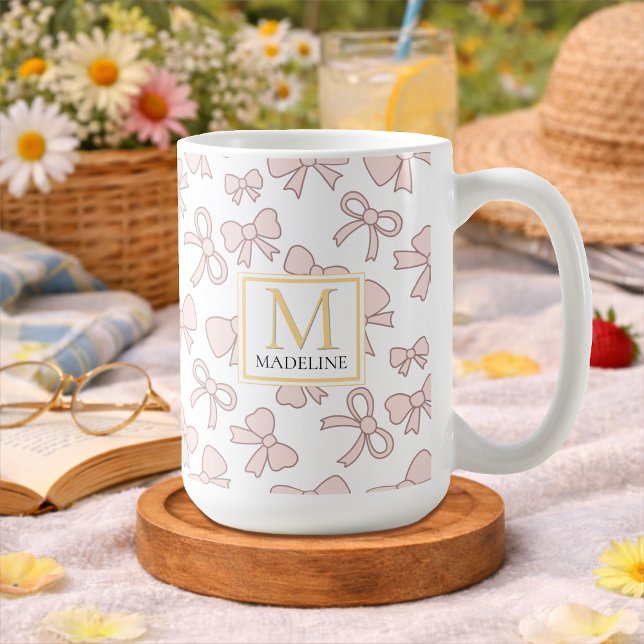 Personalized Pink Bow Girl Cute Gold Monogram Name Coffee Mug (Creator Uploaded)