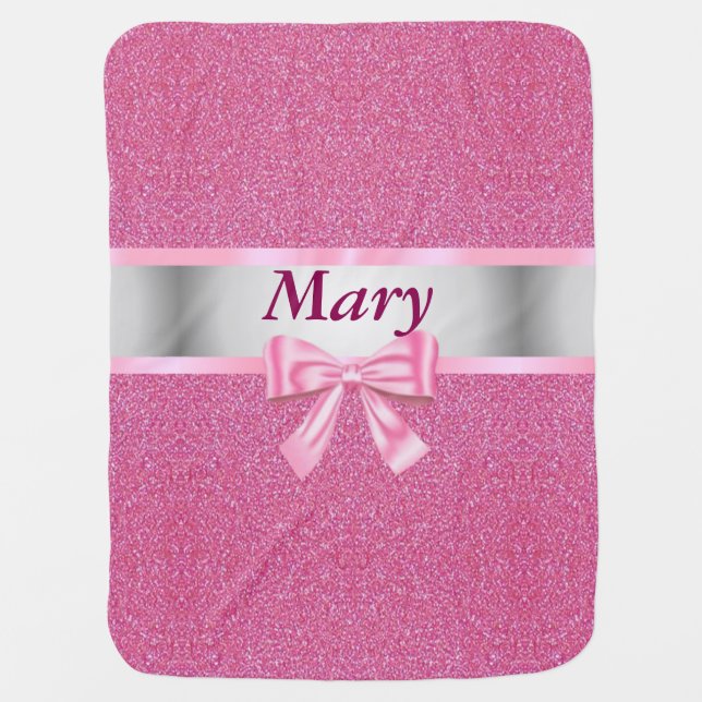 Personalized Pink Bow Glitter Baby Blanket (Front)