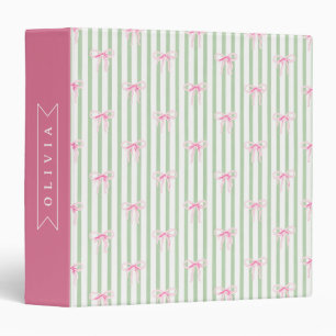 Personalized Pink Bow Green Stripe Coquette Preppy 3 Ring Binder