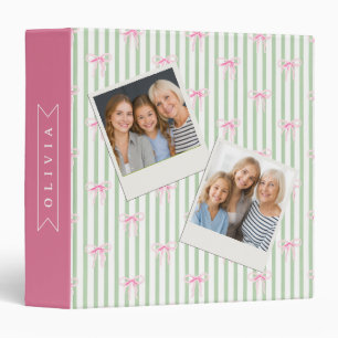 Personalized Pink Bow Green Stripe Coquette Preppy 3 Ring Binder