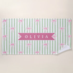 Personalized Pink Bow Green Stripe Coquette Preppy Beach Towel