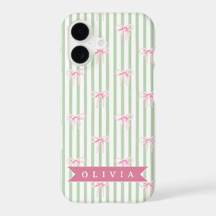 Personalized Pink Bow Green Stripe Coquette Preppy iPhone 17 Case