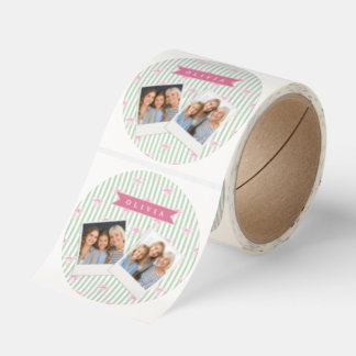 Personalized Pink Bow Green Stripe Coquette Preppy Classic Round Sticker