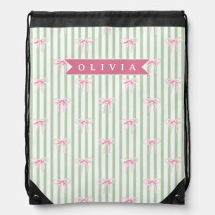 Personalized Pink Bow Green Stripe Coquette Preppy Drawstring Bag
