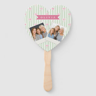 Personalized Pink Bow Green Stripe Coquette Preppy Hand Fan