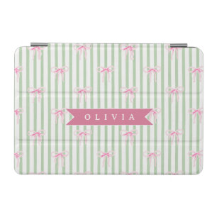 Personalized Pink Bow Green Stripe Coquette Preppy iPad Mini Cover