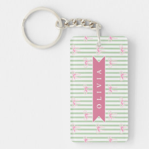 Personalized Pink Bow Green Stripe Coquette Preppy Keychain