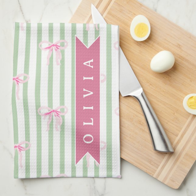 Personalized Pink Bow Green Stripe Coquette Preppy Kitchen Towel (Quarter Fold)