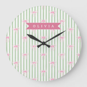 Personalized Pink Bow Green Stripe Coquette Preppy Large Clock