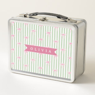 Personalized Pink Bow Green Stripe Coquette Preppy Metal Lunch Box
