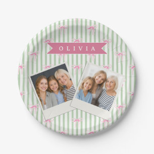 Personalized Pink Bow Green Stripe Coquette Preppy Paper Plates