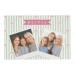 Personalized Pink Bow Green Stripe Coquette Preppy Placemat