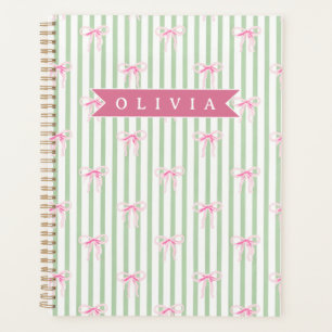 Personalized Pink Bow Green Stripe Coquette Preppy Planner