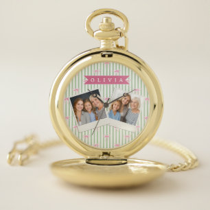 Personalized Pink Bow Green Stripe Coquette Preppy Pocket Watch