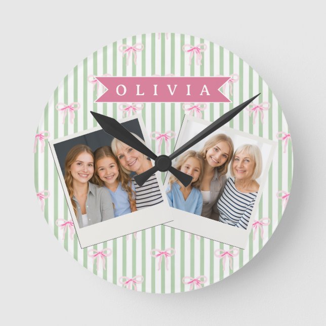 Personalized Pink Bow Green Stripe Coquette Preppy Round Clock (Front)