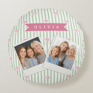 Personalized Pink Bow Green Stripe Coquette Preppy Round Pillow