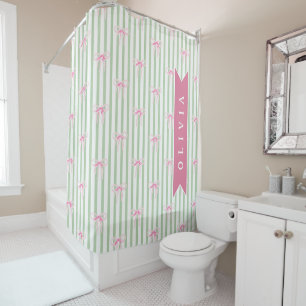 Personalized Pink Bow Green Stripe Coquette Preppy Shower Curtain