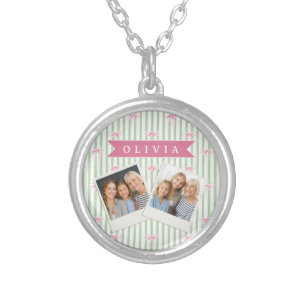 Personalized Pink Bow Green Stripe Coquette Preppy Silver Plated Necklace