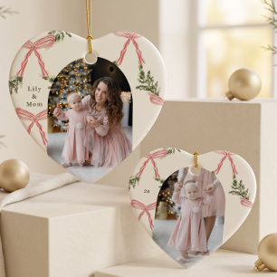Personalized Pink Bow Greenery Photo Holiday Heart Ceramic Ornament