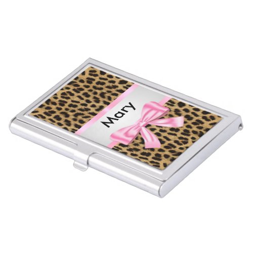 Personalized Pink Bow Leopard Business Card Holder