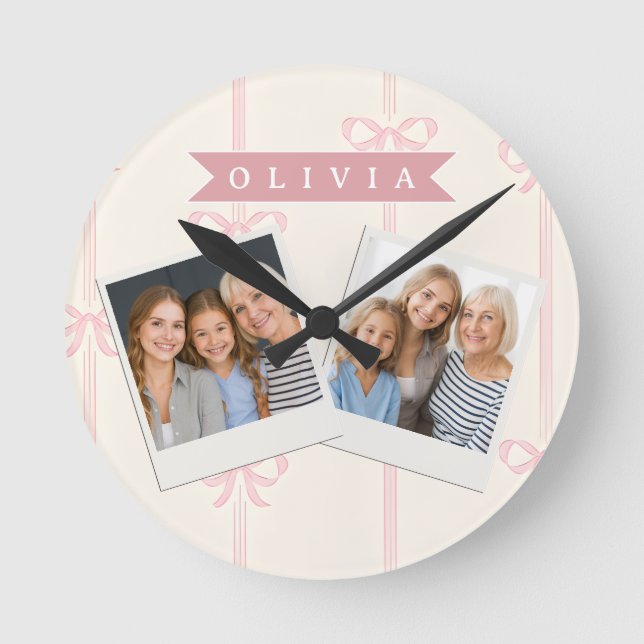 Personalized Pink Bow Name Gift Elegant Coquett Round Clock (Front)