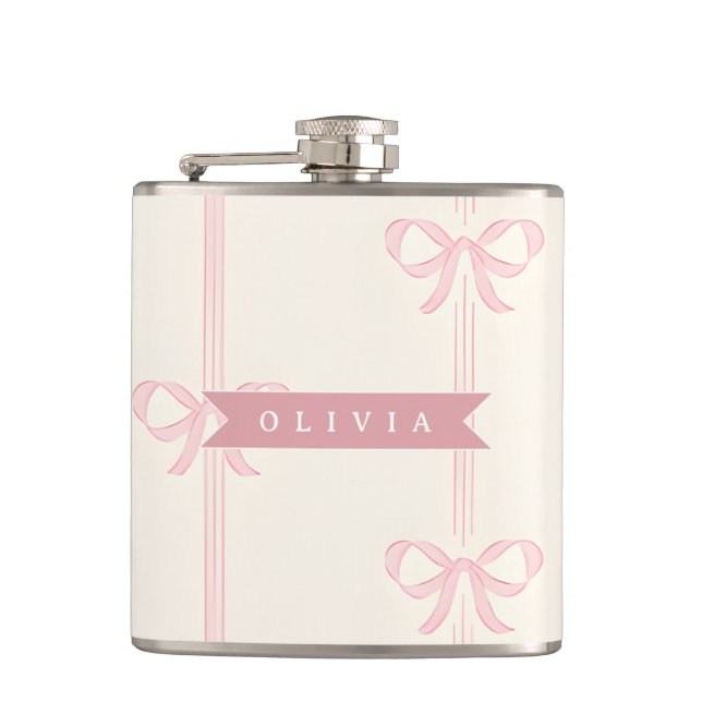 Personalized Pink Bow Name Gift Elegant Coquette Flask (Front)