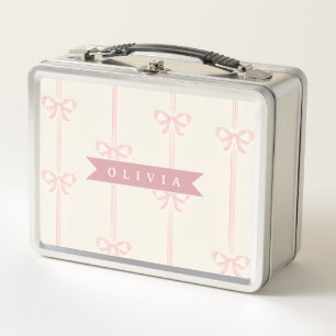 Personalized Pink Bow Name Gift Elegant Coquette Metal Lunch Box