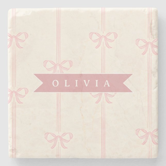 Personalized Pink Bow Name Gift Elegant Coquette Stone Coaster (Front)