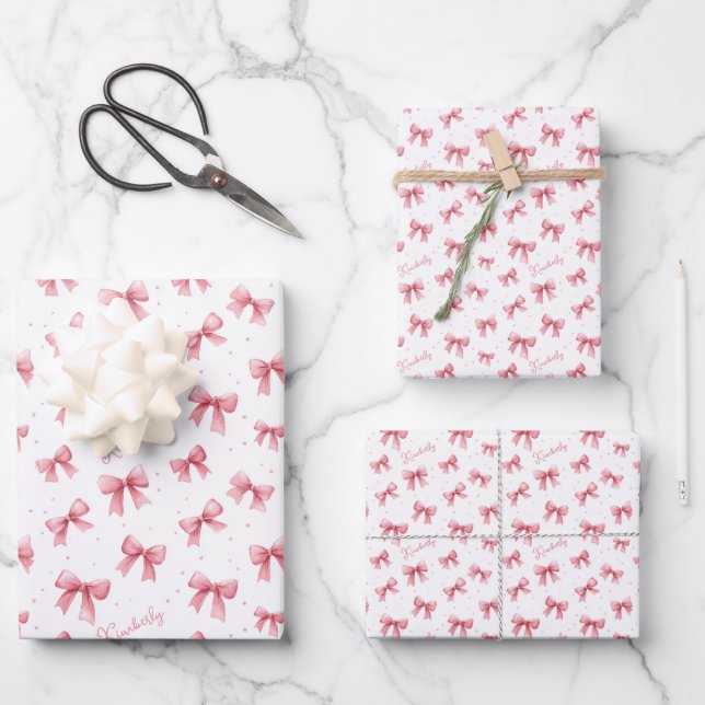 Personalized Pink Bow Name Wrapping Paper Sheets (Front)