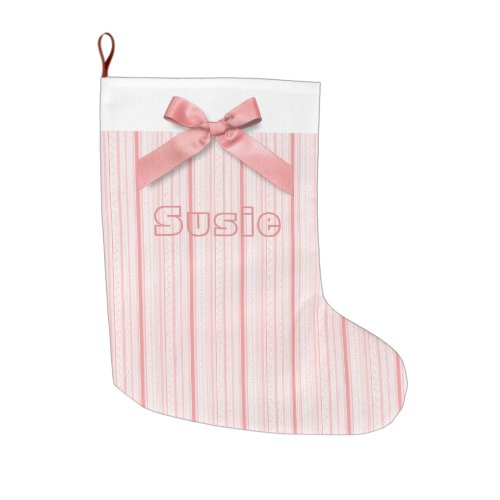 Personalized Pink Bow with Pink and White Stripes Large Christmas Stocking