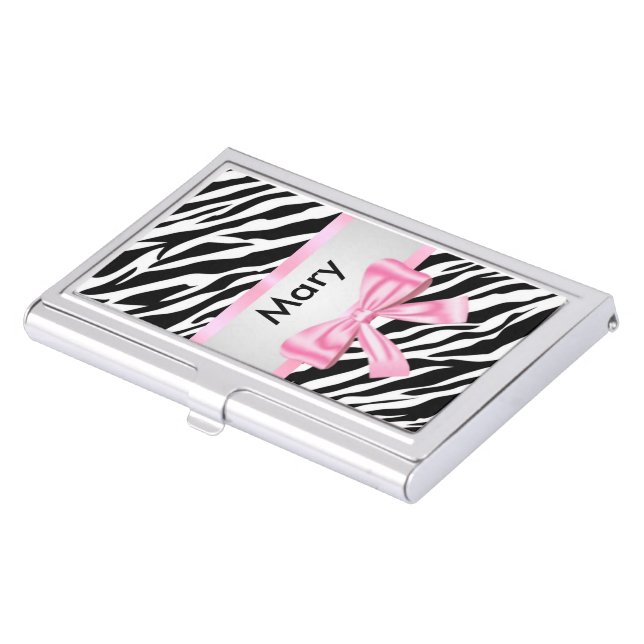Personalized Pink Bow Zebra Business Card Holder (Front)