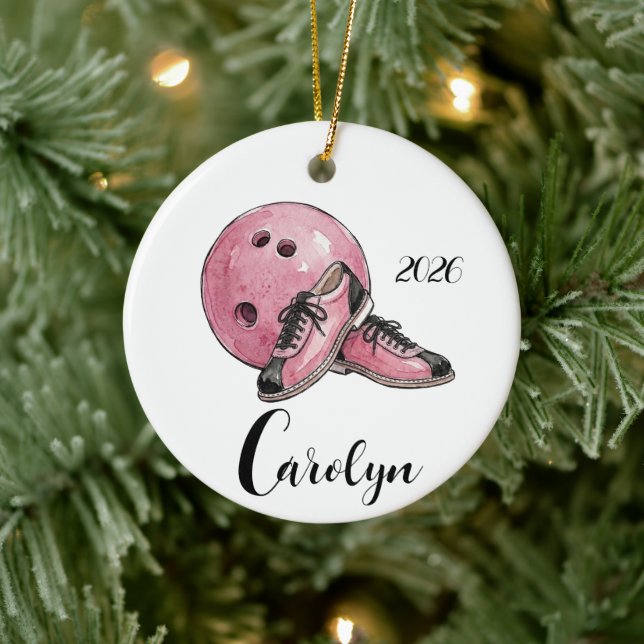 Personalized Pink Bowling Christmas  Ceramic Ornament (Tree)